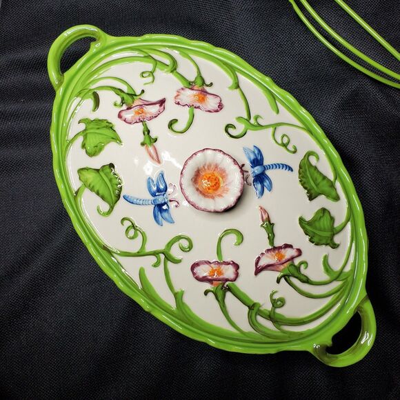 Temptations by Tara Green Dragonfly Ovenware Covered Casserole Set Oval 2qt, 1qt - Picture 12 of 14